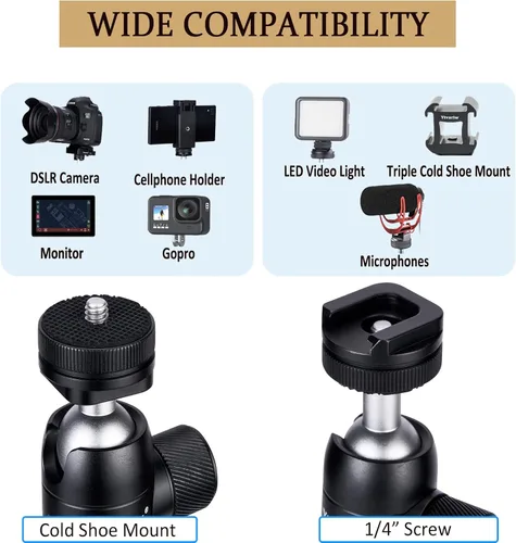 Vista 4 de Trípode de cámara con soporte de zapata fría, montaje de cabeza de bola de aleación de aluminio panorámica de 360° con tornillo de 1/4 pulgadas