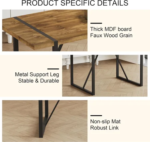 Vista 5 de Mesa de comedor de 55 pulgadas para 4-6, mesa de cocina de madera con patas de metal, mesa de comedor para 4-6 para el hogar, comedor, sala de estar