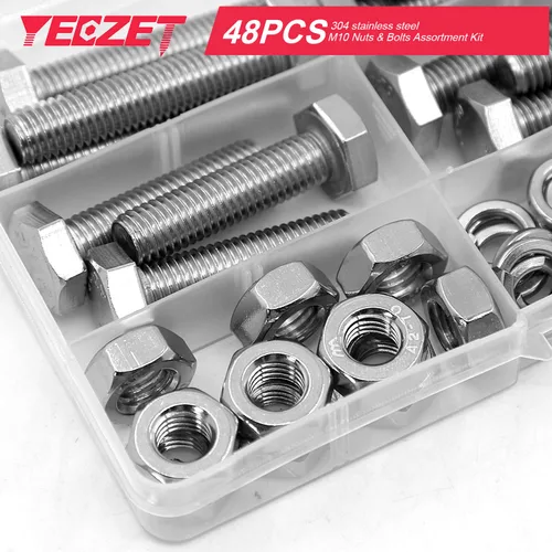 Vista 7 de YEEZET Juego de 12 tornillos y tuercas de acero inoxidable M10 de alta resistencia, juego surtido de arandelas planas y de bloqueo, acero inoxidable