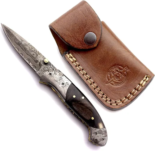 Vista 9 de Cuchillo táctico plegable de Damasco, la mejor opción para EDC, caza, supervivencia, campamento y desollado, mango de micarta de espiga completa