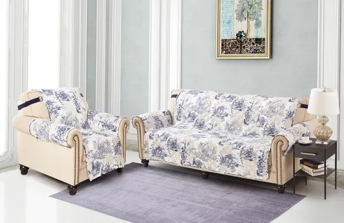 Vista 4 de Brilliant Sunshine Blue Toile Funda Acolchada con Quilted para Silla, 23 pulgadas de Ancho de Asiento, Protector de Muebles Antideslizante, Correa