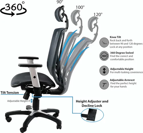 Vista 6 de ErgoMax Silla de oficina ergonómica ajustable marrón de 53 pulgadas de alto, silla ergonómica de oficina en casa, silla ergonómica