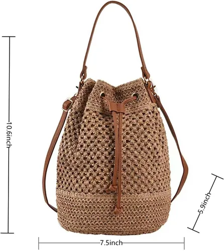 Vista 6 de Bolso pequeño de paja con cordón para mujer, bolso de hombro hueco para verano, playa