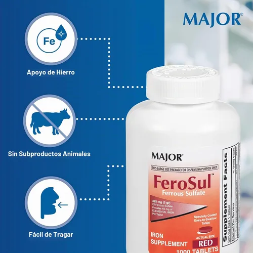 Vista 4 de Major Ferosul - Tabletas de sulfato ferroso de 325 mg con 65 mg de hierro elemental, suplemento de hierro para mujeres, hombres, rojo, 100