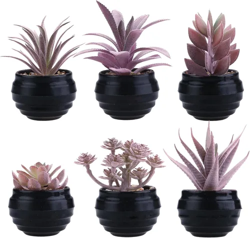 Vista 13 de GREENTIME 6 plantas suculentas artificiales azules en mini macetas de plástico negro, pequeñas plantas suculentas falsas, decoración de interiores