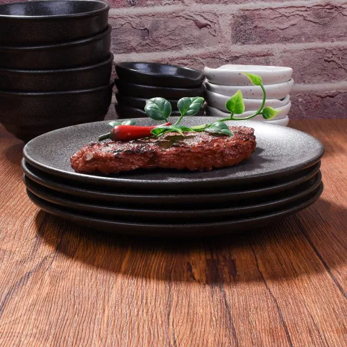 Vista 2 de Juego de platos negros de cerámica, platos de cerámica japonesa de 8 pulgadas, juego de 4
