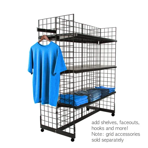 Vista 2 de Only Hangers Gridwall Panel Display Fixture con base de góndola, unidad de góndola de rejilla negra con ruedas
