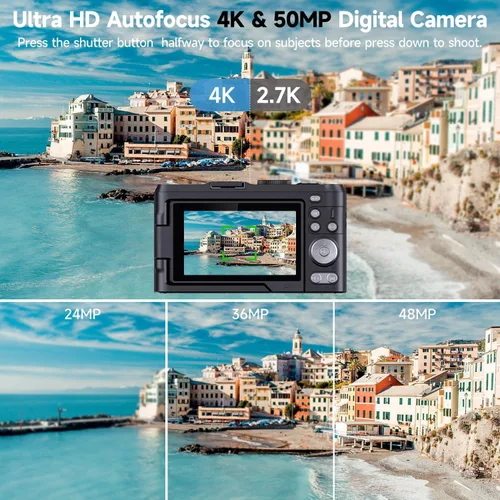 Vista 3 de Cámara digital 4K para fotografía, cámara de vlogging de 50 MP para video de YouTube con flash y pantalla abatible de 180 ° de 3 pulgadas, cámaras