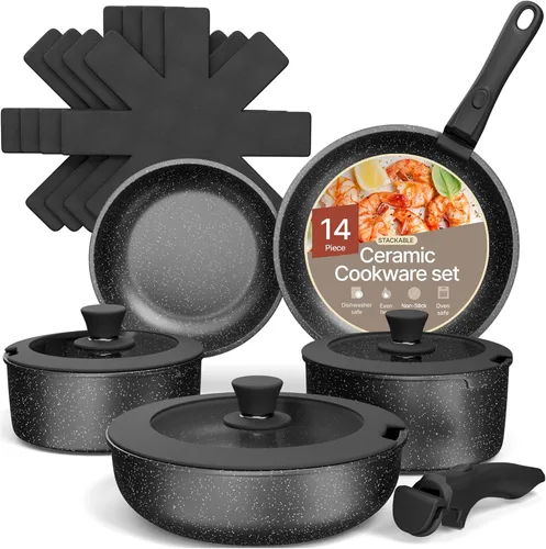 Vista 10 de Juego de ollas y sartenes antiadherentes de cerámica y granito, 14 piezas con asas desmontables, apilables, ahorro de espacio, apto