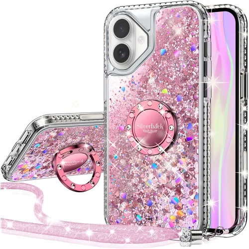 Vista 27 de Silverback Funda para iPhone 15, funda con purpurina holográfica líquida en movimiento con soporte, para niñas y mujeres, funda protectora
