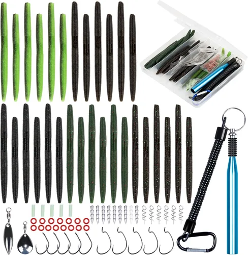 Vista 9 de 30/50/78/100 piezas Senko Worms Kit - Señuelos de pesca de plástico suave de 4"/5" con impregnación de sal para pesca de lubina