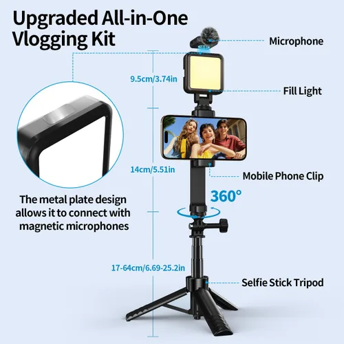Vista 3 de yAyusi Kit de vlogging para iPhone/Android, trípode para selfie stick de 30.71 pulgadas con luz, micrófono y cajas de almacenamiento, kit básico