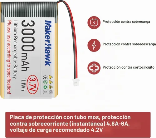 Vista 6 de MakerHawk Batería LiPo de 3.7 V 3000 mAh recargable de polímero de litio 1S con placa de protección con cinta de goma aislada, enchufe micro JST