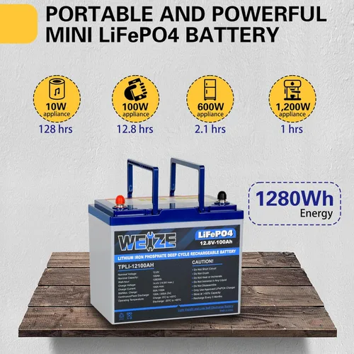 Vista 3 de WEIZE 12V 100Ah Mini LiFePO4 Battery, Built-in 100A Smart BMS, Deep Cycle Lithium Iron Phosphate Battery Perfect for RV, Solar, Marine, Trolling
