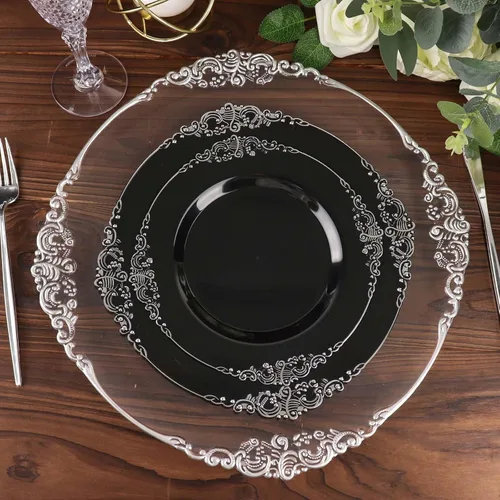 Vista 48 de Efavormart - Paquete de 10 platos redondos de plástico para ensalada de postre de 8 pulgadas, color negro/dorado, vajilla desechable con borde