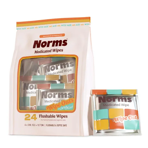 Norms Wipe Outs - Toallitas para hemorroides, 24 toallitas de hamamelis envueltas individualmente con aloe para calmar y enfriar la picazón, el