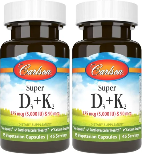 Vista 7 de Carlson - Super D3 + K2, 125 mcg (5000 UI) de vitamina D3, 90 mcg de vitamina K2 como MK-7, soporte óseo, absorción de calcio, 45 cápsulas