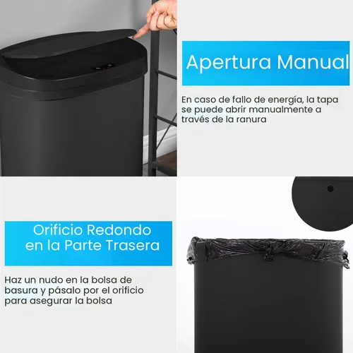 Vista 6 de BestOffice - Bote de basura de plástico de 13 galones con tapa, color negro Bote de basura automático sin contacto Muy cerca Impermeable