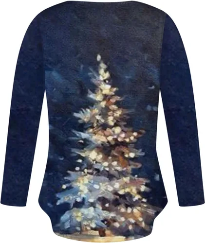 Vista 4 de Camisetas de manga larga para mujer, con estampado de Navidad, árbol de Navidad, Papá Noel, para vacaciones, camisetas