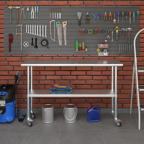 Vista 8 de AmGood Mesa de trabajo de acero inoxidable de 18 x 60 pulgadas con ruedas Mesa móvil de metal Preparación de alimentos