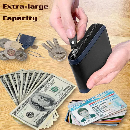Vista 3 de Billeteras con bloqueo RFID para hombre, billetera de cuero con cremallera para hombres con tarjetero RFID plegable