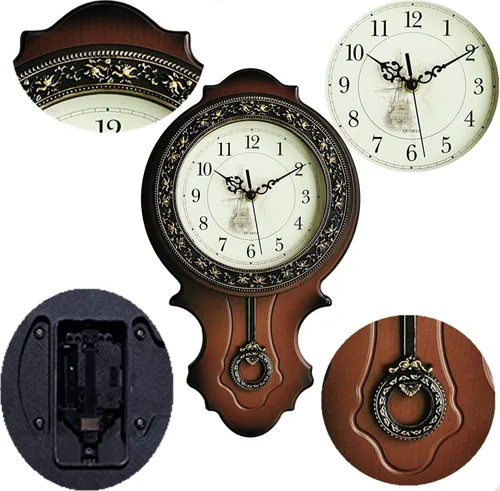 Vista 3 de XICHEN Reloj de pared de péndulo de madera simulada estilo europeo retro, diseño de movimiento de cuarzo, estructura principal de plástico, textura