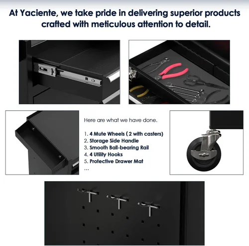 Vista 6 de Caja de herramientas de 5 cajones con ruedas, armario de almacenamiento de herramientas rodante con caja de herramientas superior desmontable