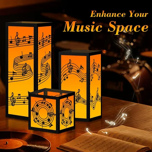 Vista 3 de 6 juegos de centros de mesa musicales para mesa, 3 tamaños, notas musicales, cajas de linterna de papel con velas, decoraciones de notas musicales