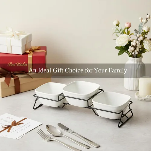 Vista 9 de ZENFUN Juego de Servir Tazón Cuadrado de 10 oz para Chips y Dip, Tazones Ramekin de Porcelana con Soporte de Rejilla de Metal, Platos Pequeños