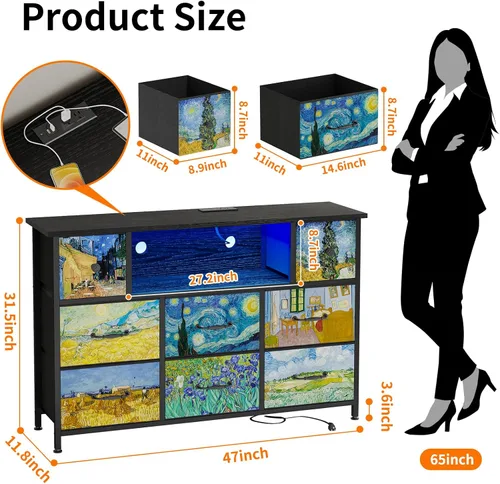 Vista 2 de Cómoda Fixwal para dormitorio de niños con tomas de corriente y luces LED, cómoda Van Gogh negra de 55" con soporte para TV y 8 cajones, cómoda