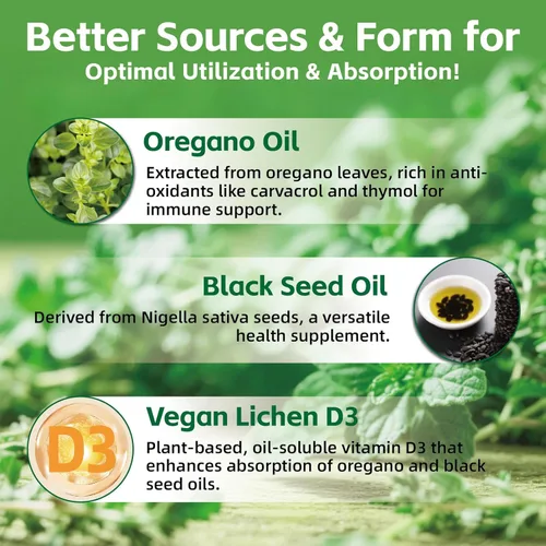 Vista 7 de Gomitas de aceite de orégano de 300 mg Aceite de orégano con 200 mg de aceite de semilla negra + D3 1000 UI Suplementos masticables de orégano