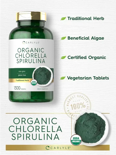 Vista 4 de Carlyle Tabletas orgánicas de Chlorella Spirulina 1300 unidades Mezcla 50/50 Suplemento sin OMG y sin gluten