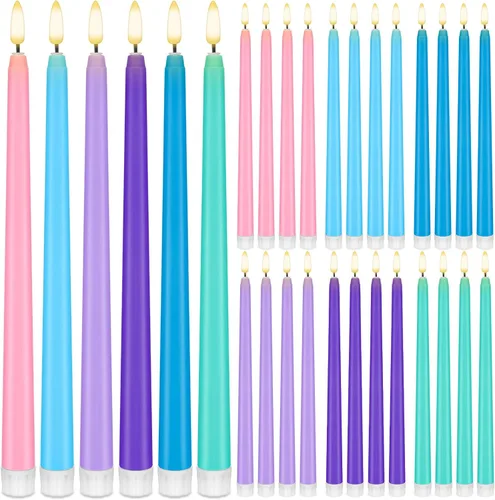 Vista 9 de Baquler 24 Piezas Velas Cónicas Sin Llama de 11'' de Navidad Azules Operadas con Batería Velas LED de Plástico con Degradado Parpadeante Candeleros