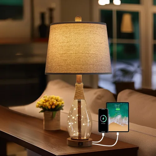 Vista 11 de OYEARS Lámpara de Mesa USB A+C de 23" para Dormitorio Sala de Estar Lámparas de Cabecera Modernas Retro Estilo Granja Ratán Cristal Mesita de Noche