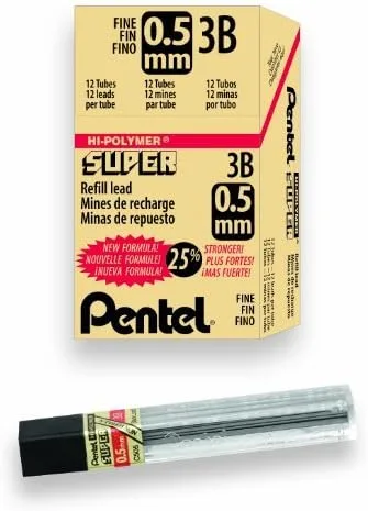 Pentel Super Hi-Polymer - Recambio de plomo, 0.020 in, fino, 3B, 144 piezas de plomo (C505-3B)