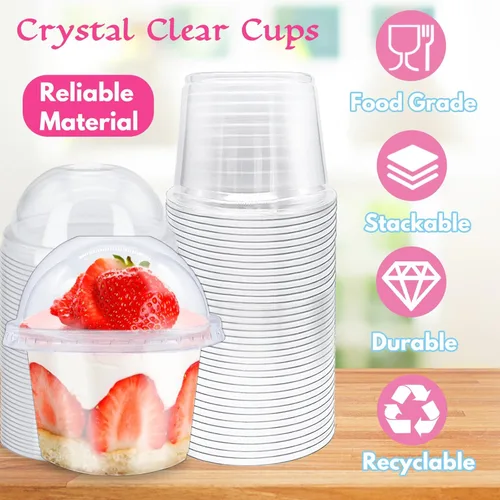 Vista 3 de Alaeseje Paquete de 100 vasos de plástico de 8 onzas con tapas de cúpula (agujero en la tapa), vasos transparentes de PET, vasos de postre