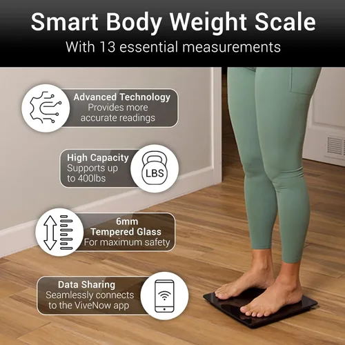 Vista 2 de Vive Precision Báscula de baño inteligente para peso corporal (400 libras) – Báscula digital con IMC, grasa corporal, masa muscular y 10 medidas