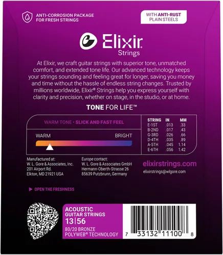 Vista 2 de Elixir, cuerdas de bronce para guitarra acústica 80/20 con recubrimiento Polyweb, extralivianas (.010-.047), blanco negro rojo azul