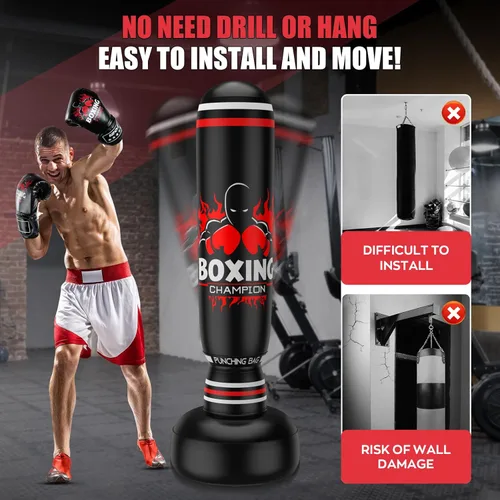 Vista 5 de Saco de boxeo independiente para adultos, bolsa de boxeo de 70 pulgadas con soporte, bolsa pesada, incluye guantes de boxeo y bomba de aire