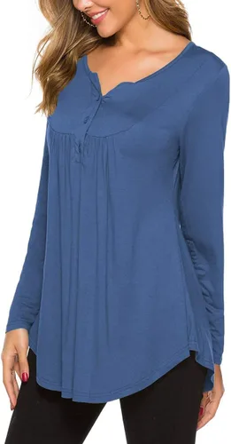 Vista 5 de Halife Blusa casual de manga larga con cuello en V para mujer, ajuste holgado, plisada