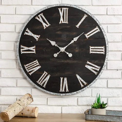Vista 2 de Glitzhome Reloj de pared enorme de 28 pulgadas, elegante reloj negro envejecido, reloj de madera rústico antiguo, silencioso, sin tictac, funciona