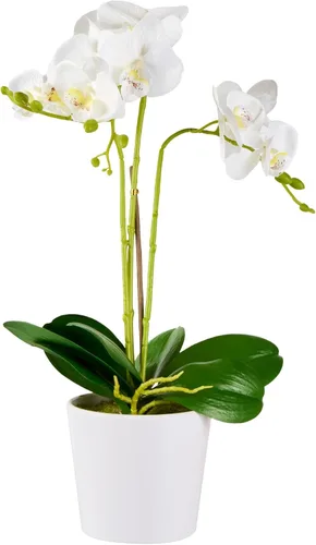 Vista 14 de Restaurantware - Orquídeas artificiales de 4 x 14 pulgadas, 12 orquídeas falsas en maceta, 5 flores, uso como centro de mesa, decoración del hogar u