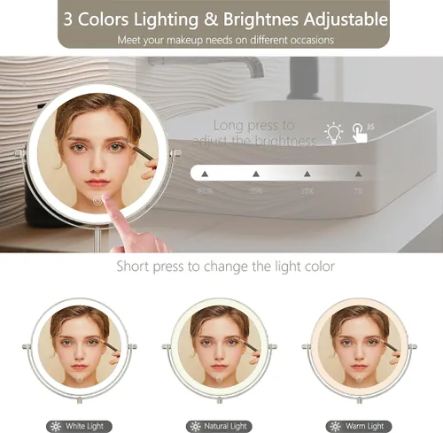 Vista 4 de Espejo de maquillaje iluminado de 8 pulgadas, aumento 1X/10X con luz, regulable de doble cara, recargable, brillo y altura ajustable, tocador Níquel