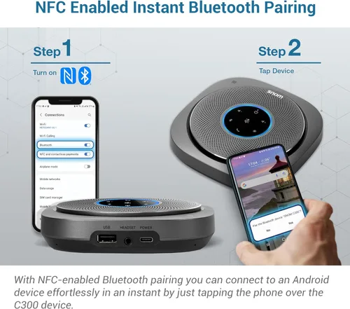 Vista 5 de Snom Altavoz de conferencia Bluetooth 5.0 C300 con 6 micrófonos, tiempo de llamada de 24 horas, control por aplicación, USB C, oficina en casa