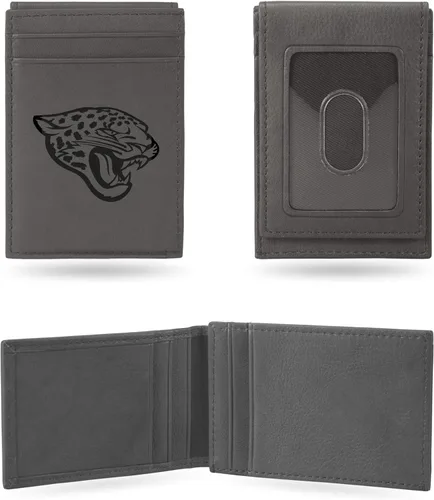 Vista 15 de Rico Industries - Cartera de bolsillo frontal con grabado láser NFL de fútbol, gris, compacta/cómoda/delgada