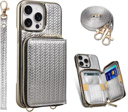 Vista 30 de Keallce Funda para iPhone 12 Pro/iPhone 12 de 6.1 pulgadas, cartera cruzada con cremallera para mujer, tarjetero con bloqueo RFID, funda de cuero