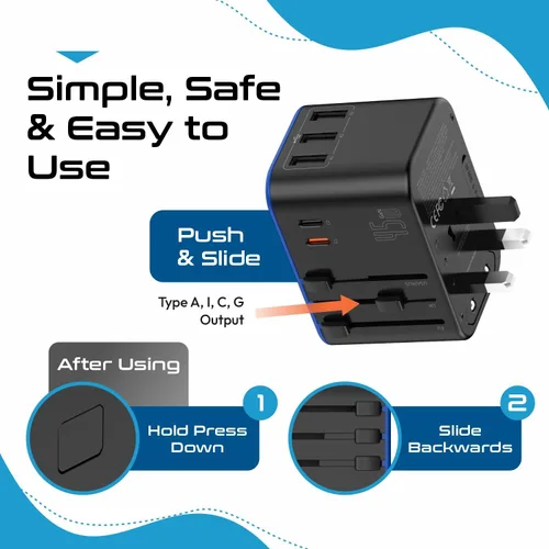 Vista 5 de Ceptics Adaptador de viaje universal, adaptador de corriente internacional de 45 W con PD y QC 3.0 Dual USB-C, adaptador de viaje de 3 USB en todo