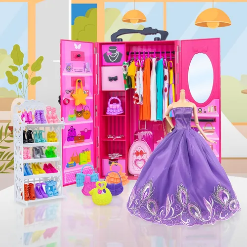 Vista 4 de Ecore Fun Armario de Guardarropa de Muñeca de Moda para Almacenamiento de Ropa y Accesorios de Muñecas - Lote de 102 Artículos que Incluyen Ropa