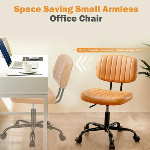 Vista 5 de Sweetcrispy Silla pequeña de escritorio de oficina con ruedas sin brazos, cómoda silla de computadora con soporte lumbar, cuero PU, respaldo bajo
