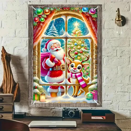 Vista 2 de BlissYard Cubierta de ventana de Navidad de 31 x 47 pulgadas, cortina roja de reno de Papá Noel, adornos de ramas de pino, farol, vela, copo